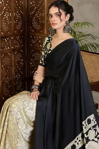 Black color ready pleated semi modal saree with unstitched designer blouse