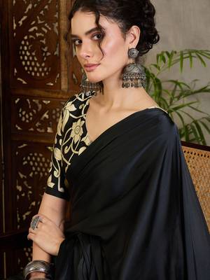 Black color ready pleated semi modal saree with unstitched designer blouse 3