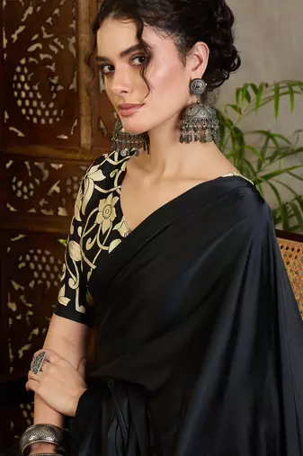 Black color ready pleated semi modal saree with unstitched designer blouse