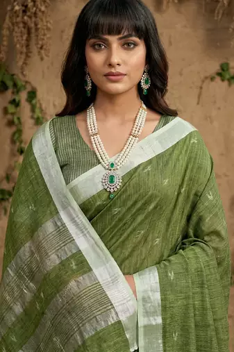 Green colour linen cotton saree with matching blouse piece