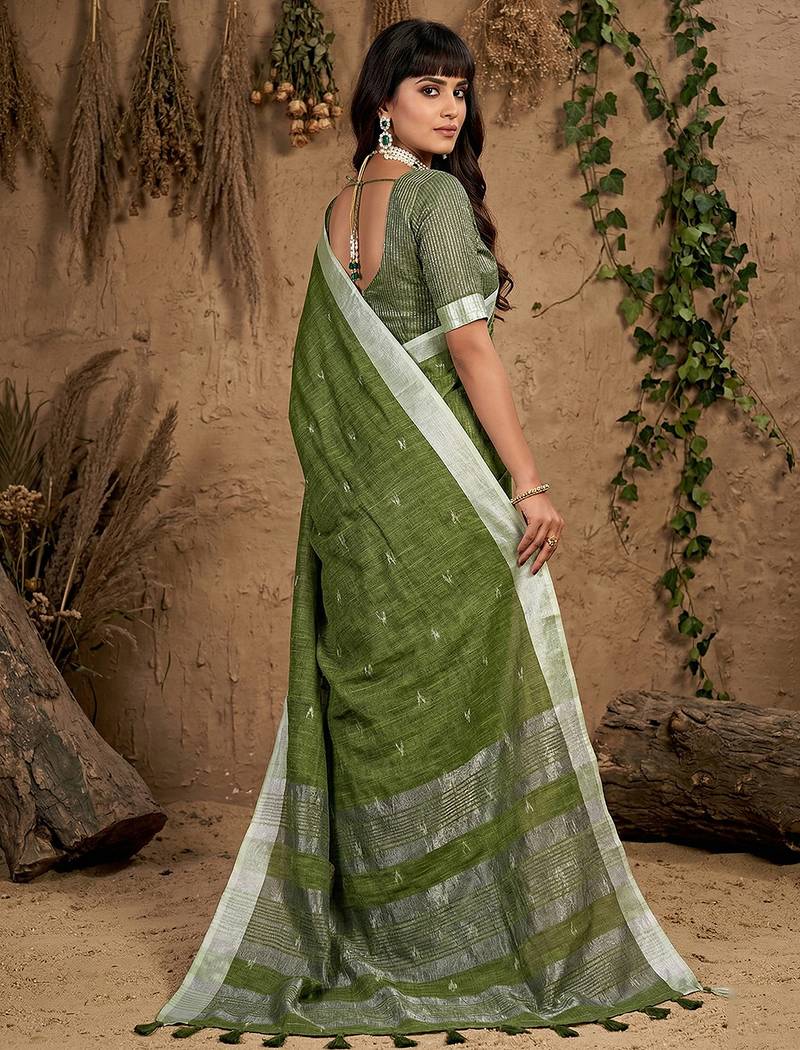 Green colour linen cotton saree with matching blouse piece