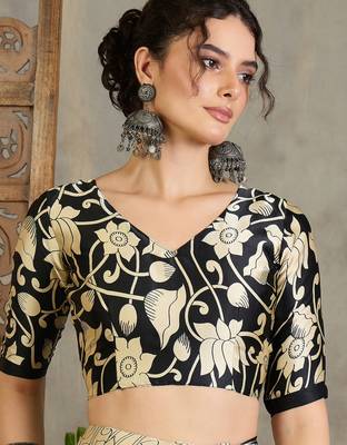 Black color ready pleated semi modal saree with unstitched designer blouse 5