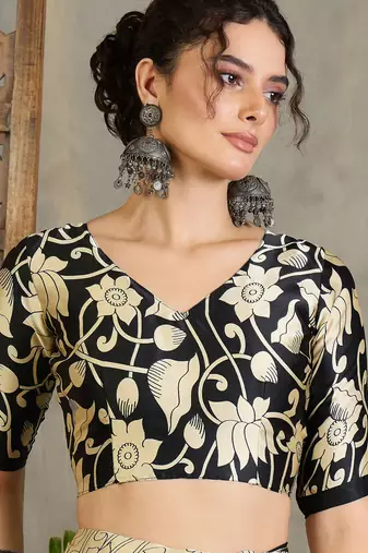 Black color ready pleated semi modal saree with unstitched designer blouse