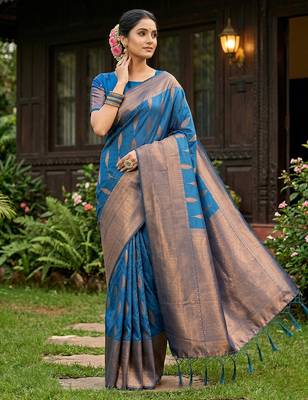 Blue colour silk blend woven saree with rich zari border and elegant tassels 1