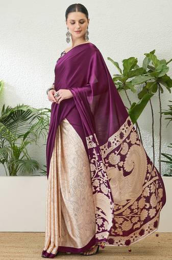Wine color ready pleated semi modal saree with unstitched designer blouse