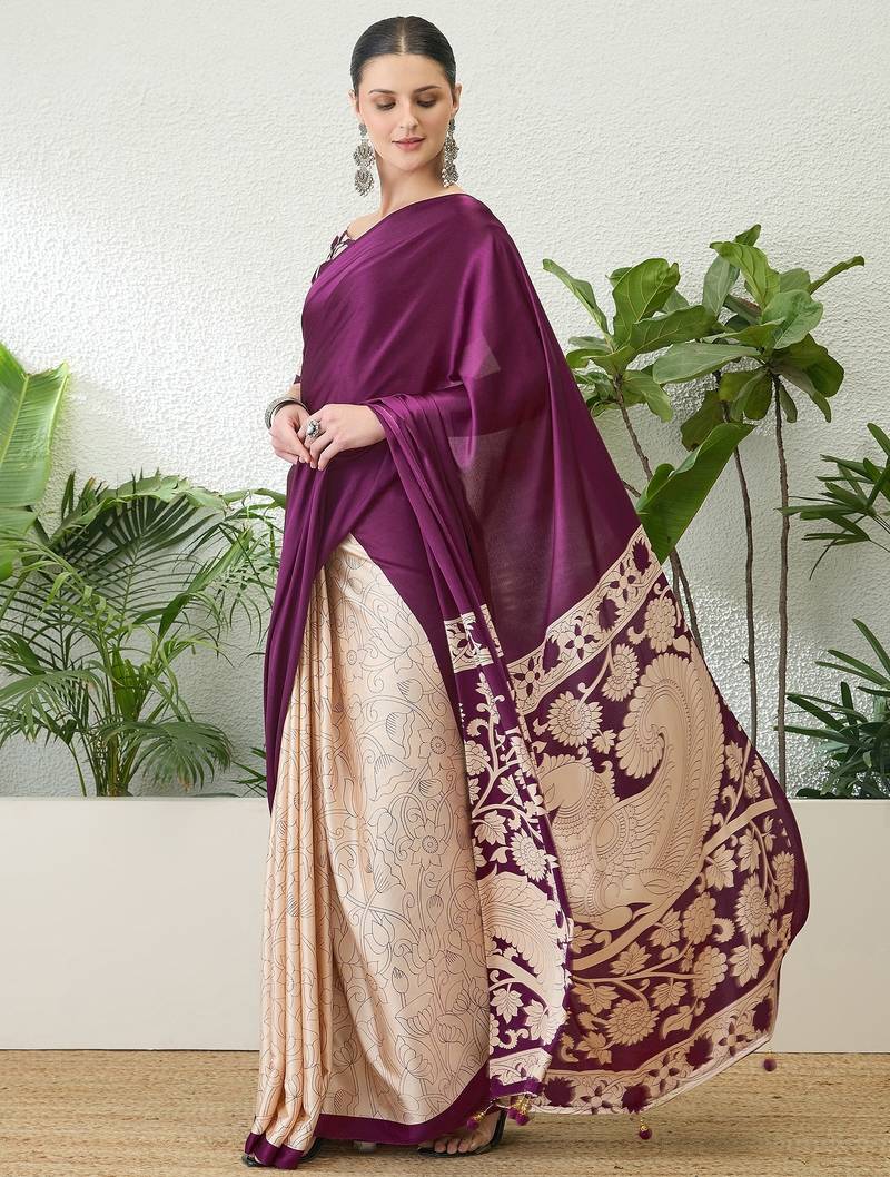 Wine color ready pleated semi modal saree with unstitched designer blouse