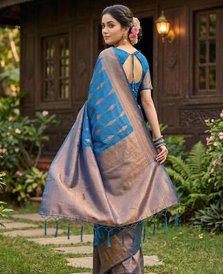 Blue colour silk blend woven saree with rich zari border and elegant tassels 2