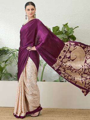 Wine color ready pleated semi modal saree with unstitched designer blouse 2