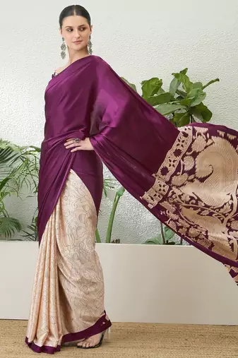 Wine color ready pleated semi modal saree with unstitched designer blouse
