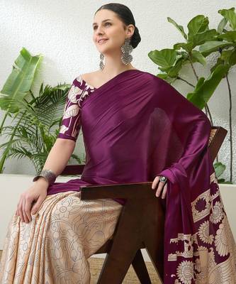 Wine color ready pleated semi modal saree with unstitched designer blouse 3