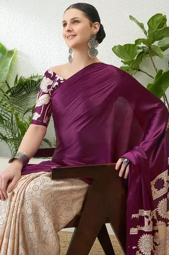 Wine color ready pleated semi modal saree with unstitched designer blouse