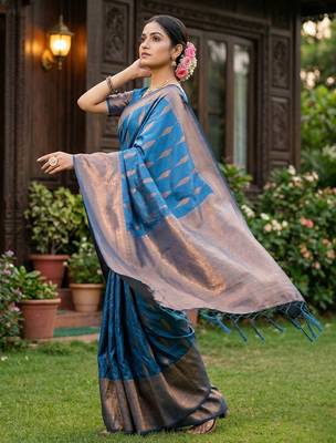 Blue colour silk blend woven saree with rich zari border and elegant tassels 3