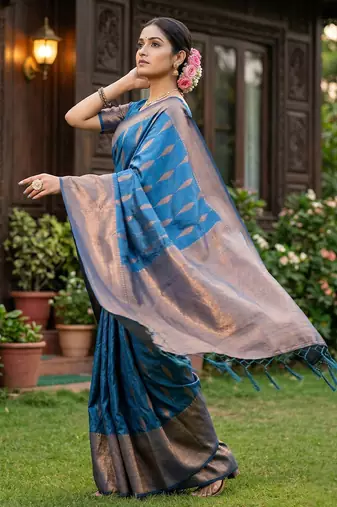 Blue colour silk blend woven saree with rich zari border and elegant tassels