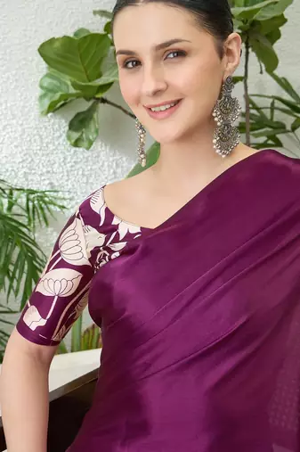 Wine color ready pleated semi modal saree with unstitched designer blouse