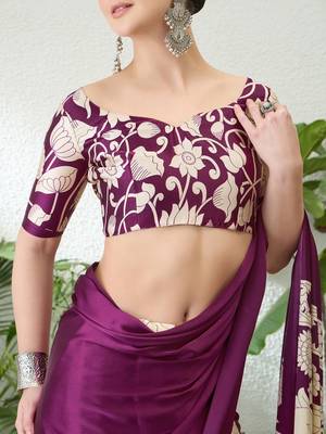 Wine color ready pleated semi modal saree with unstitched designer blouse 5
