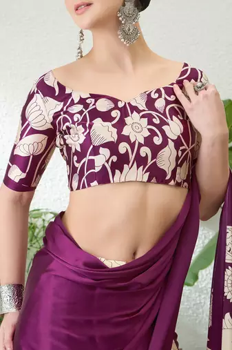 Wine color ready pleated semi modal saree with unstitched designer blouse