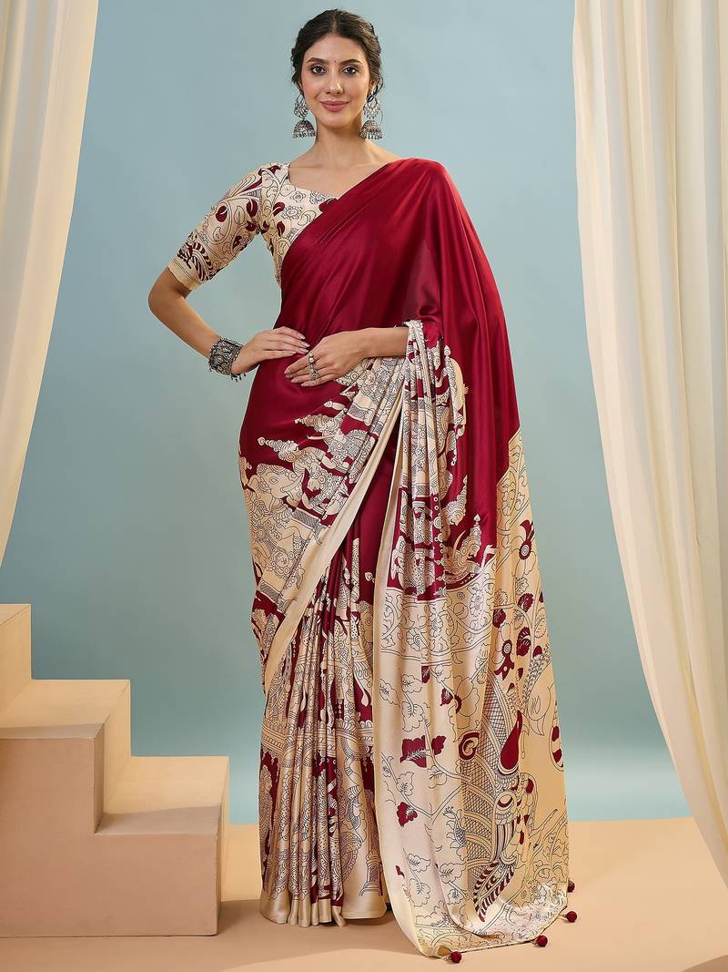 Red color trendy pre-stitched semi modal saree with unstitched designer blouse