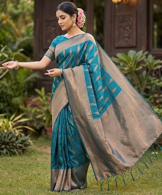 Teal colour silk blend woven saree with rich zari border and elegant tassels 2