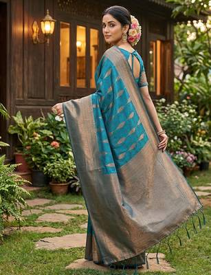 Teal colour silk blend woven saree with rich zari border and elegant tassels 3
