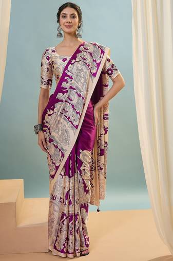 Purple color trendy pre-stitched semi modal saree with unstitched designer blouse