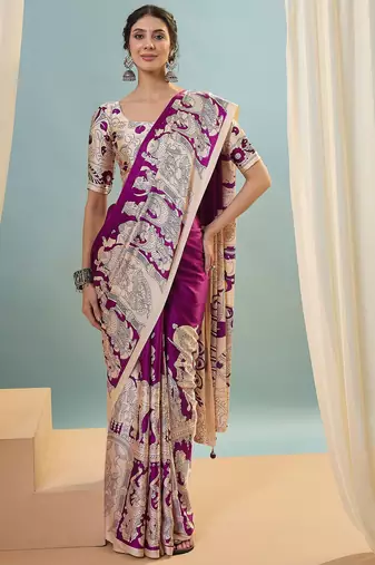 Purple color trendy pre-stitched semi modal saree with unstitched designer blouse
