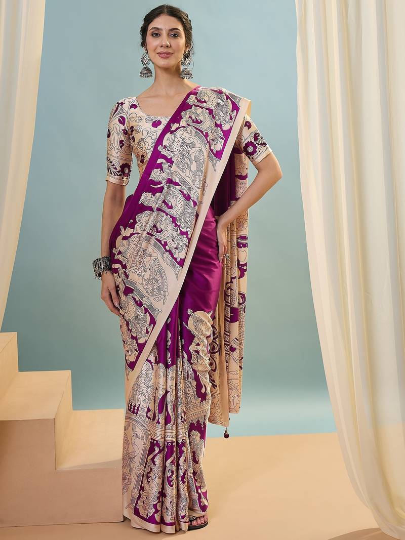 Purple color trendy pre-stitched semi modal saree with unstitched designer blouse