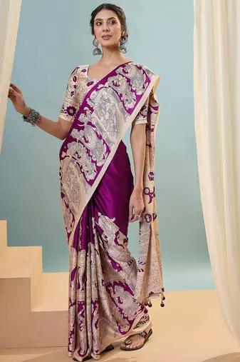Purple color trendy pre-stitched semi modal saree with unstitched designer blouse