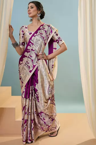 Purple color trendy pre-stitched semi modal saree with unstitched designer blouse
