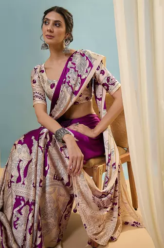 Purple color trendy pre-stitched semi modal saree with unstitched designer blouse