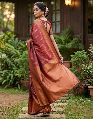 Maroon colour silk blend woven saree with rich zari border and elegant tassels 3