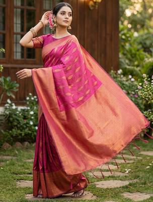 Light pink colour silk blend woven saree with rich zari border and elegant tassels 2