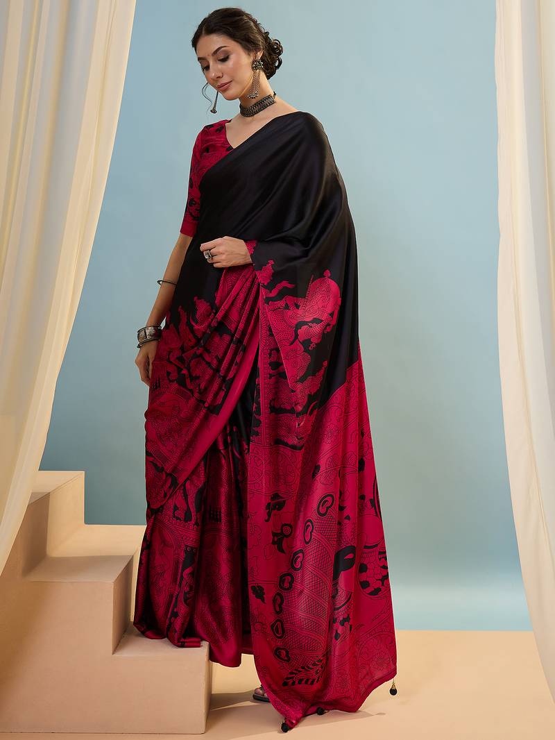 Black color trendy pre-stitched semi modal saree with unstitched designer blouse