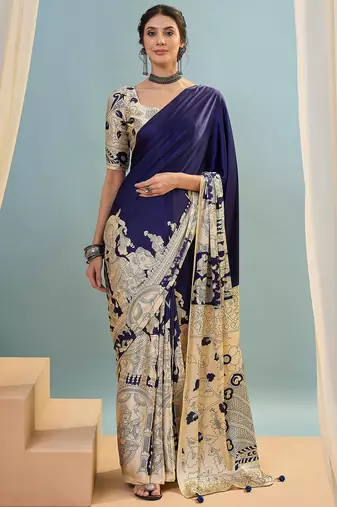 Blue color trendy pre-stitched semi modal saree with unstitched designer blouse