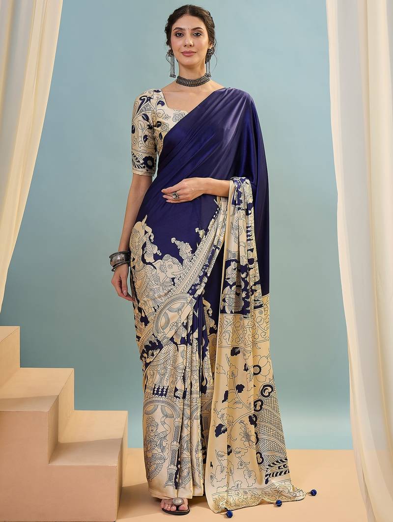 Blue color trendy pre-stitched semi modal saree with unstitched designer blouse