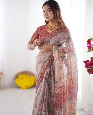 Beige colour ready to wear saree with unstitched bloure 2