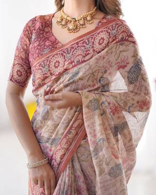 Beige colour ready to wear saree with unstitched bloure 3