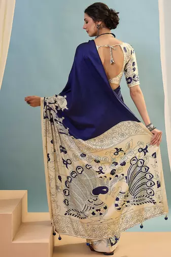 Blue color trendy pre-stitched semi modal saree with unstitched designer blouse