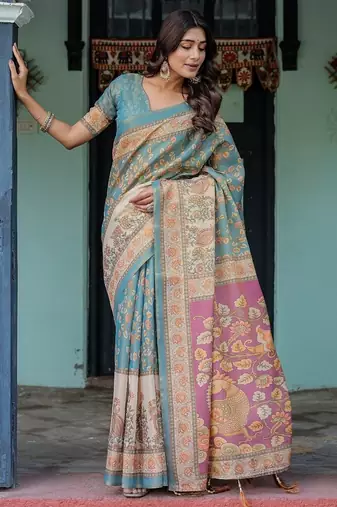 Aqua blue colour ready to wear saree with unstitched bloure