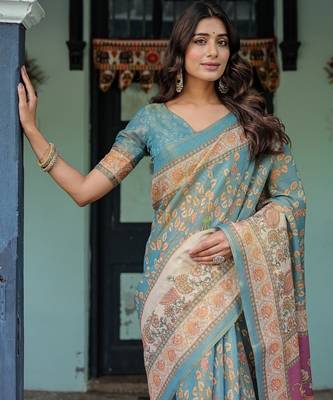 Aqua blue colour ready to wear saree with unstitched bloure 2