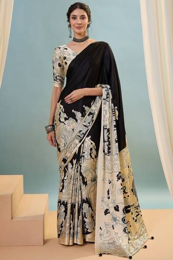 Black color trendy pre-stitched semi modal saree with unstitched designer blouse