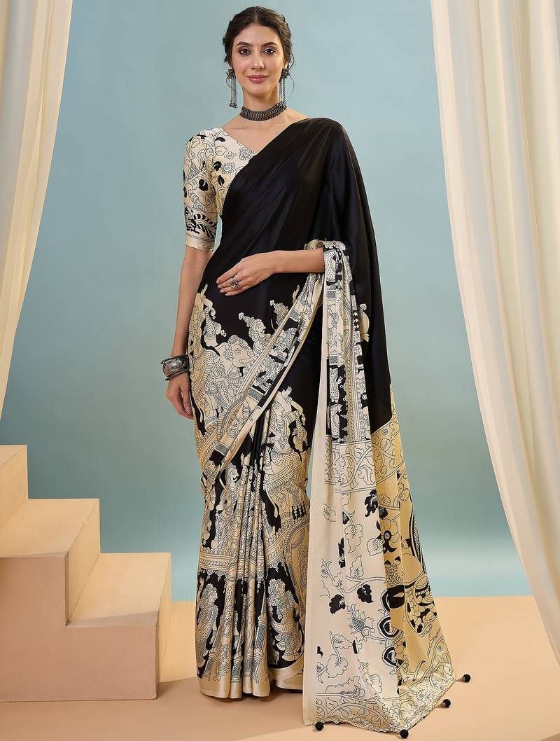 Black color trendy pre-stitched semi modal saree with unstitched designer blouse