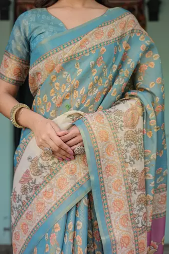 Aqua blue colour ready to wear saree with unstitched bloure