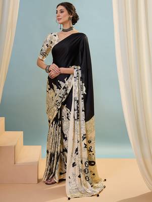 Black color trendy pre-stitched semi modal saree with unstitched designer blouse 2