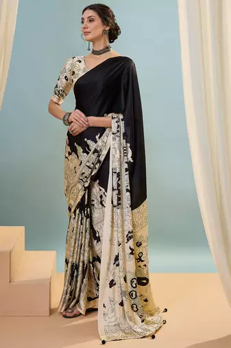 Black color trendy pre-stitched semi modal saree with unstitched designer blouse