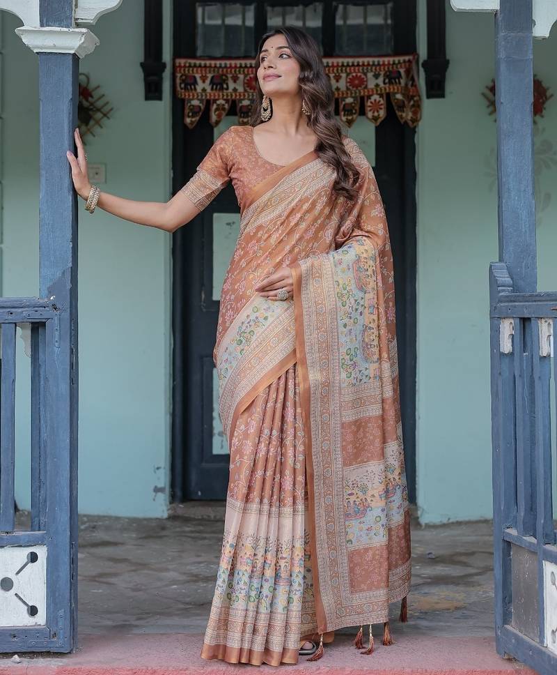 Peach colour ready to wear saree with unstitched bloure
