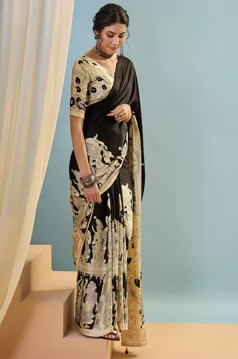 Black color trendy pre-stitched semi modal saree with unstitched designer blouse