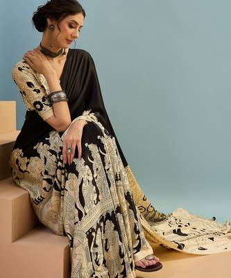 Black color trendy pre-stitched semi modal saree with unstitched designer blouse 4