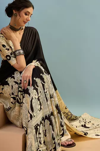 Black color trendy pre-stitched semi modal saree with unstitched designer blouse