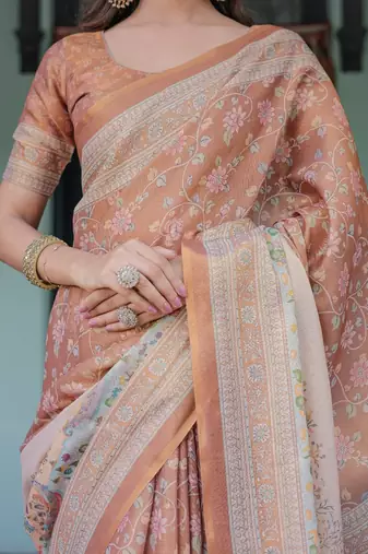 Peach colour ready to wear saree with unstitched bloure