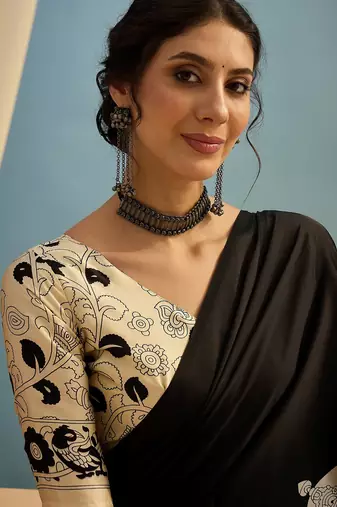 Black color trendy pre-stitched semi modal saree with unstitched designer blouse